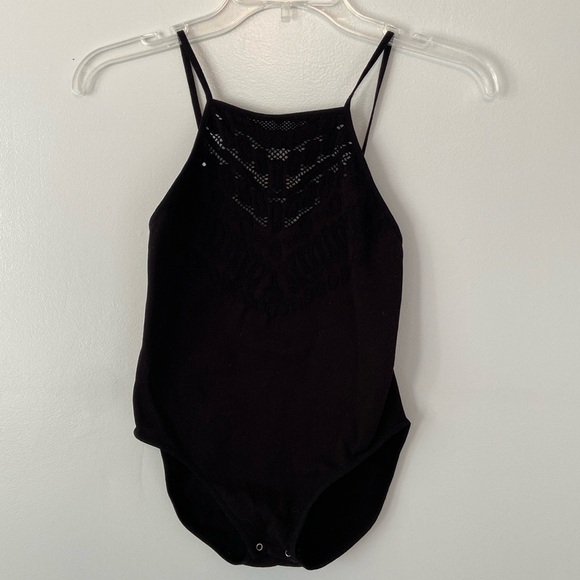 NWOT Free People Solstice Bodysuit Top Seamless High Neck Black Laser Cut Sz M - Picture 2 of 7